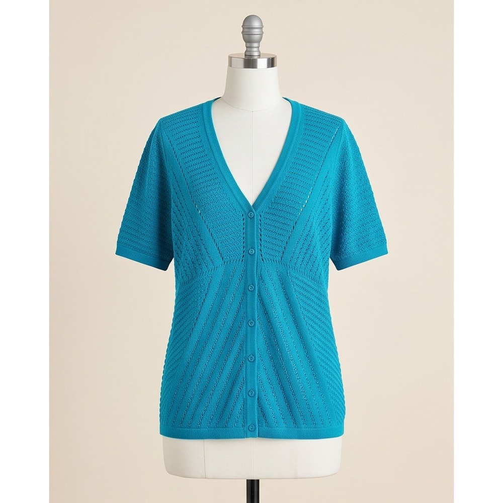Isaac Mizrahi Live Womens 2X Blue Pointelle Short Sleeve Button Cardigan Sweater